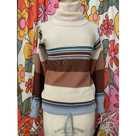 vintage 1970s striped turtle neck sweater s/m vicki volts drawstring boho hippie - Picture 1 of 9